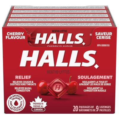 Halls 62476 20-Packs Cough Drops Cherry 9 Pieces PER Pack New! Authorized Dealer