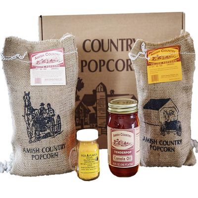 Amish Country Popcorn | 4 lb Burlap Variety Set | 2 lbs Medium White and 2 lbs Yellow Popcorn Kernels - 4 oz Ballpark Style ButterSalt and 16 oz Canola Oil | Old Fashioned, Non-GMO and Gluten Free