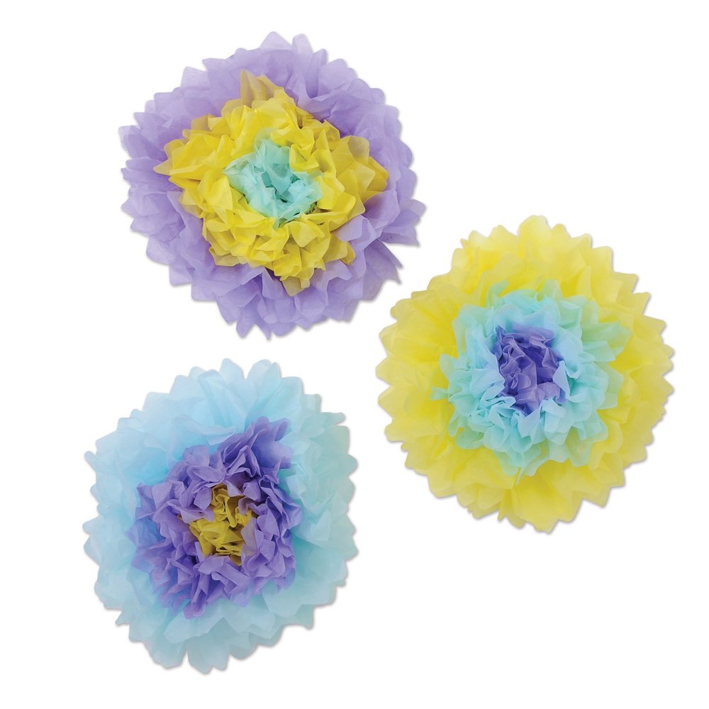 The Beistle Company Tissue Flowers - Blue, Lavender, Yellow