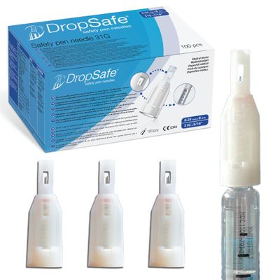 DropSafe Safety Pen Needles 31G x 8mm, 100ct Box, Sterile Needles with Locking System for Max Protection, Stable Sliding Shield for Gentle Touch & Easy Attachment, Compatible with Most Pen Injectors