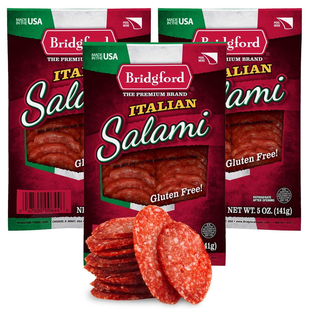Bridgford Italian Salami 5 oz Pack of 3 - Zero Carb Healthy Salami Sliced Charcuterie Meat for Your Charcuterie Boards or Antipasto Platters - Ready-to-Eat Snack for On-The-Go Snacking
