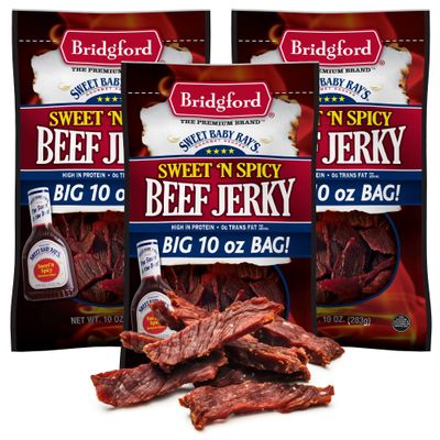 Bridgford Sweet Baby Rays Beef Jerky Sweet N Spicy 10 oz Pack of 3 - High Protein Sweetened Spicy Beef Jerky for Your Dietary Preference - Ready-to-Eat Snacks for On-the-Go Snacking
