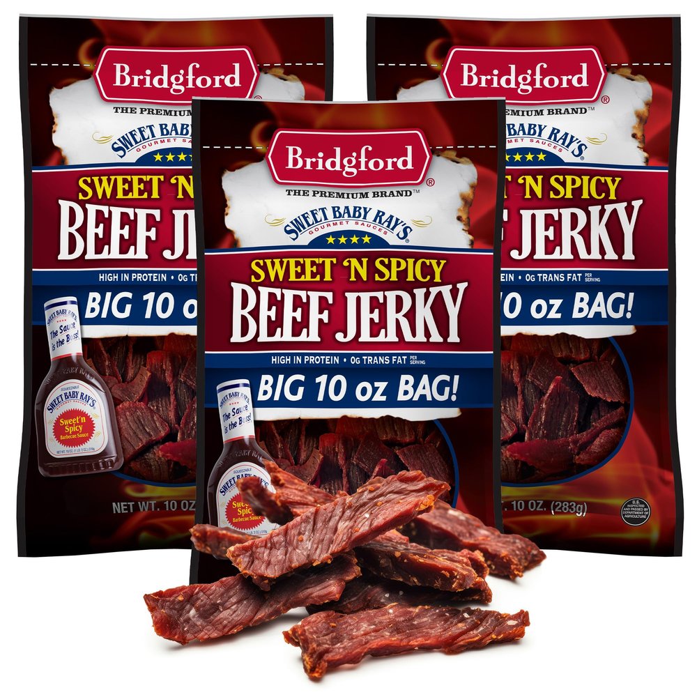 Bridgford Sweet Baby Rays Beef Jerky Sweet N Spicy 10 oz Pack of 3 - High Protein Sweetened Spicy Beef Jerky for Your Dietary Preference - Ready-to-Eat Snacks for On-the-Go Snacking
