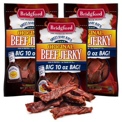 Bridgford Sweet Baby Ray's Beef Jerky Original 10 oz Pack of 3 - High Protein Healthy Snacks for Your Dietary Preferences - Ready-to-Eat Beef Jerky for On-The-Go Snacking and Busy Lifestyles