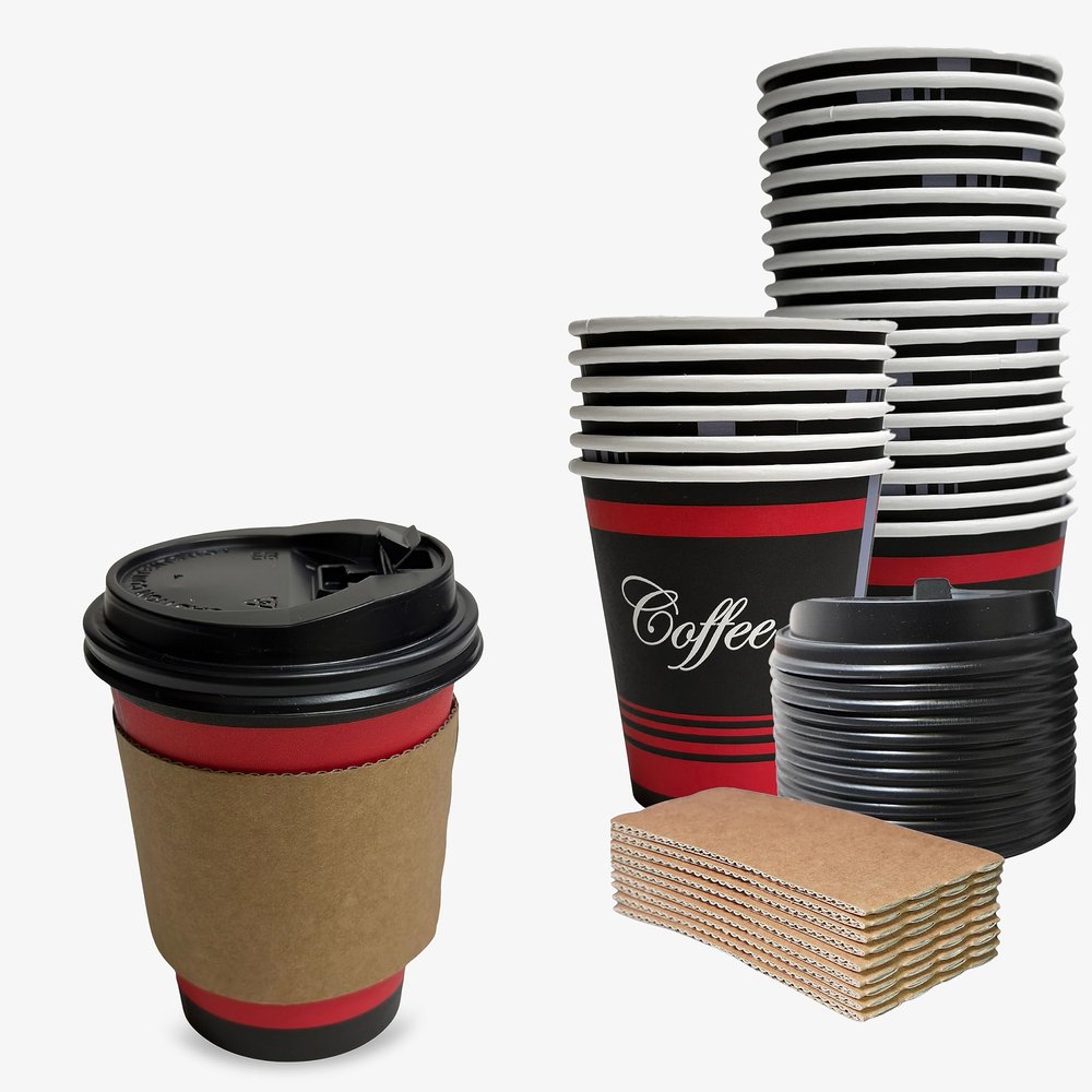 COMBO Set of 25-12oz - Paper Coffee Hot Cups, Black Dome Lids, Sleeves & Stirrers - Disposable Coffee Cups, To Go Travel Mug, Office/Party Pack, Hot/Cold Coffee, Tea & Chocolate, Latte, Cappuccino