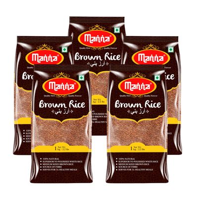 Manna Brown Rice, 5kg (1kg x 5 Packs) - Premium Quality, Long Grain, Unpolished. Natural. Naturally Low GI, High in Fibre. Helps Control Diabetes