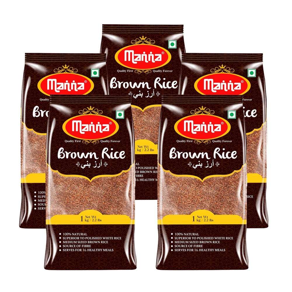 Manna Brown Rice, 5kg (1kg x 5 Packs) - Premium Quality, Long Grain, Unpolished. Natural. Naturally Low GI, High in Fibre. Helps Control Diabetes