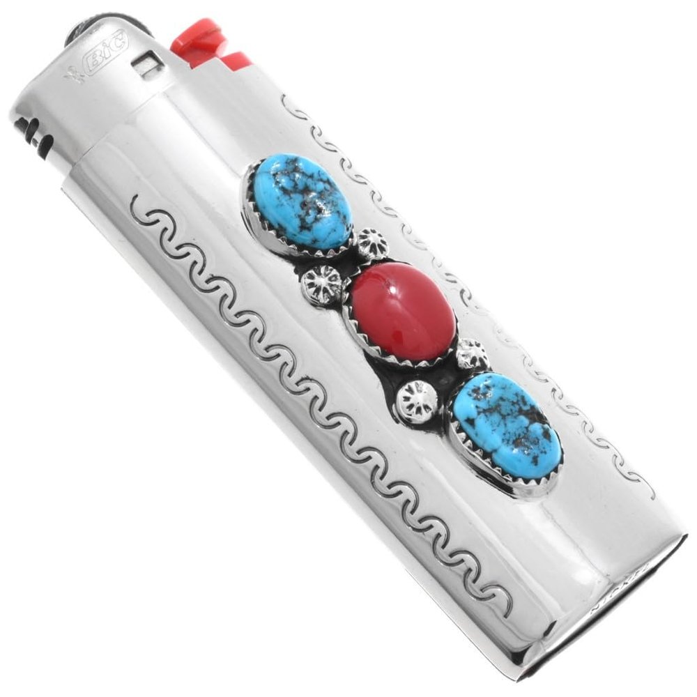 Alltribes Navajo Turquoise Coral Silver Lighter Case Cover Three Gemstone Unisex Design 0004