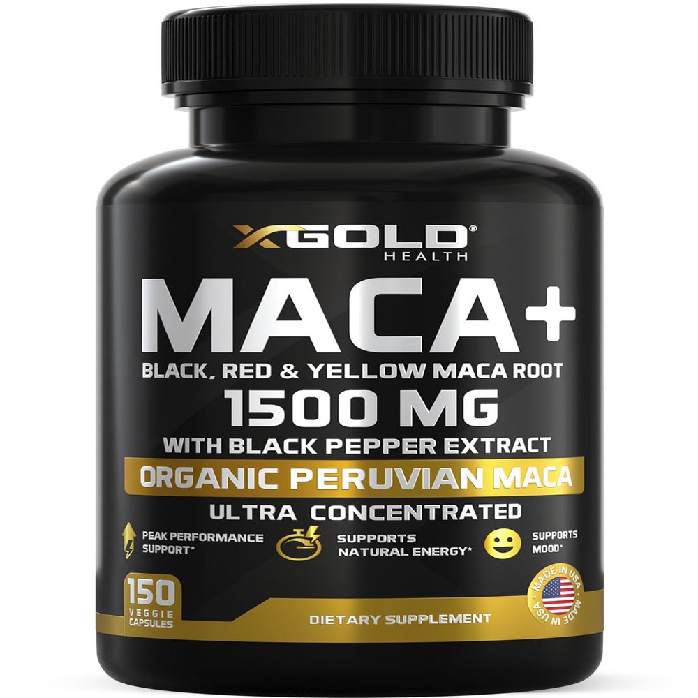 X Gold Health Maca Root Capsules 1500mg  Organic Peruvian Black Red Yellow Maca with Black Pepper, Energy Libido Mood & Reproductive Health Support