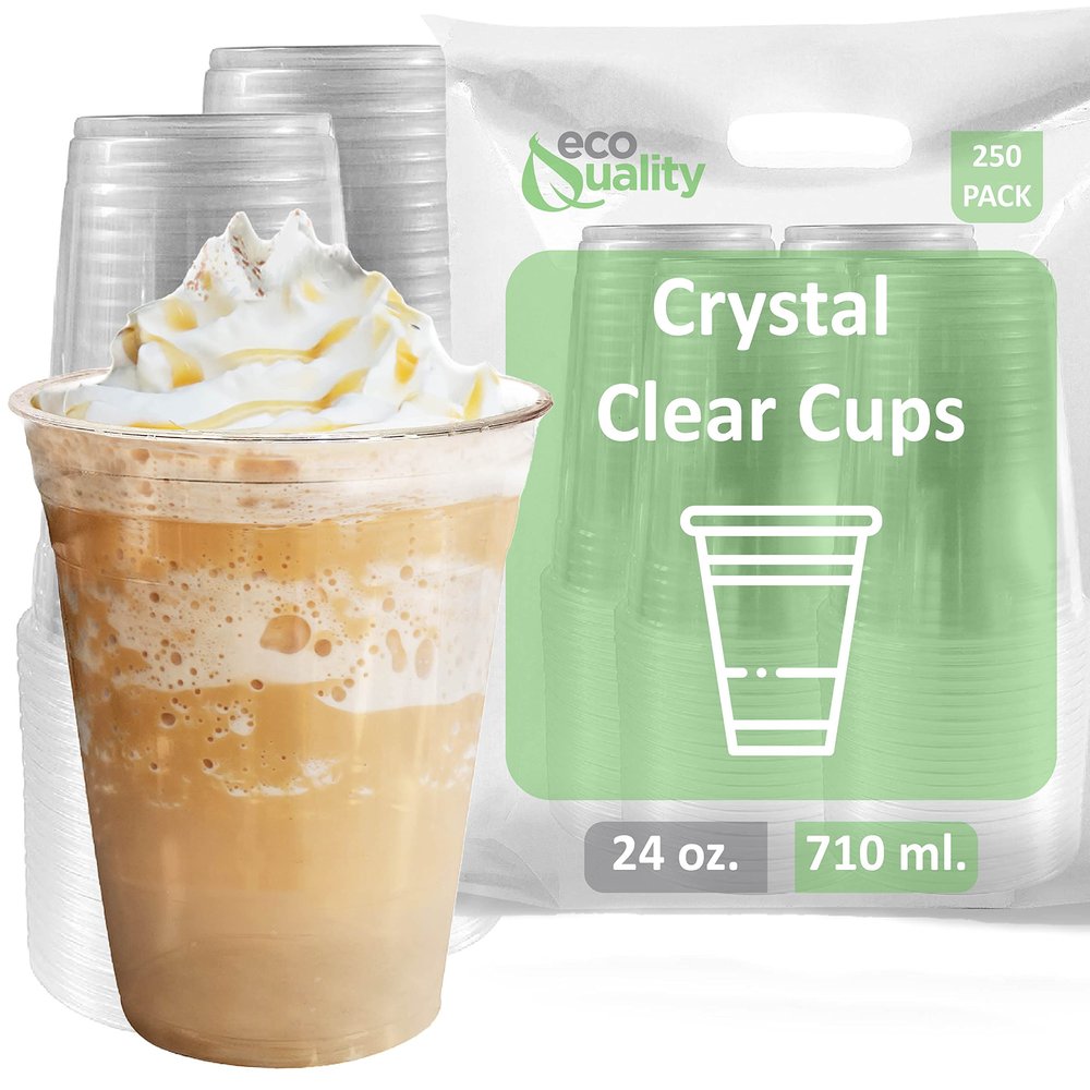 Clear Plastic Disposable Pet Cups | 24 oz Cups, 250 Pack | Crystal Clear PET Cup | Cold Smoothie | Iced Coffee Go Cups | Ideal for Coffee, Parfait, Juice, Soda, Cocktail, Party (24oz, 250 count)