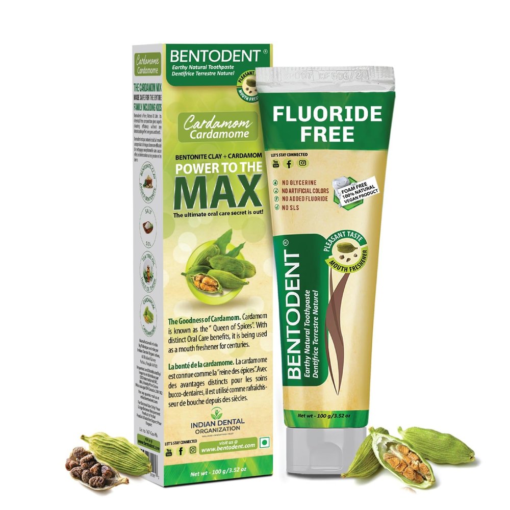 BENTODENT Fluoride Free Remineralizing Calcium Bentonite Clay Toothpaste - Cardamom Flavor Natural Toothpaste, Mint-Free, 3.52 oz - Mineral Tooth Paste Ideal for Sensitive Teeth & Whitening