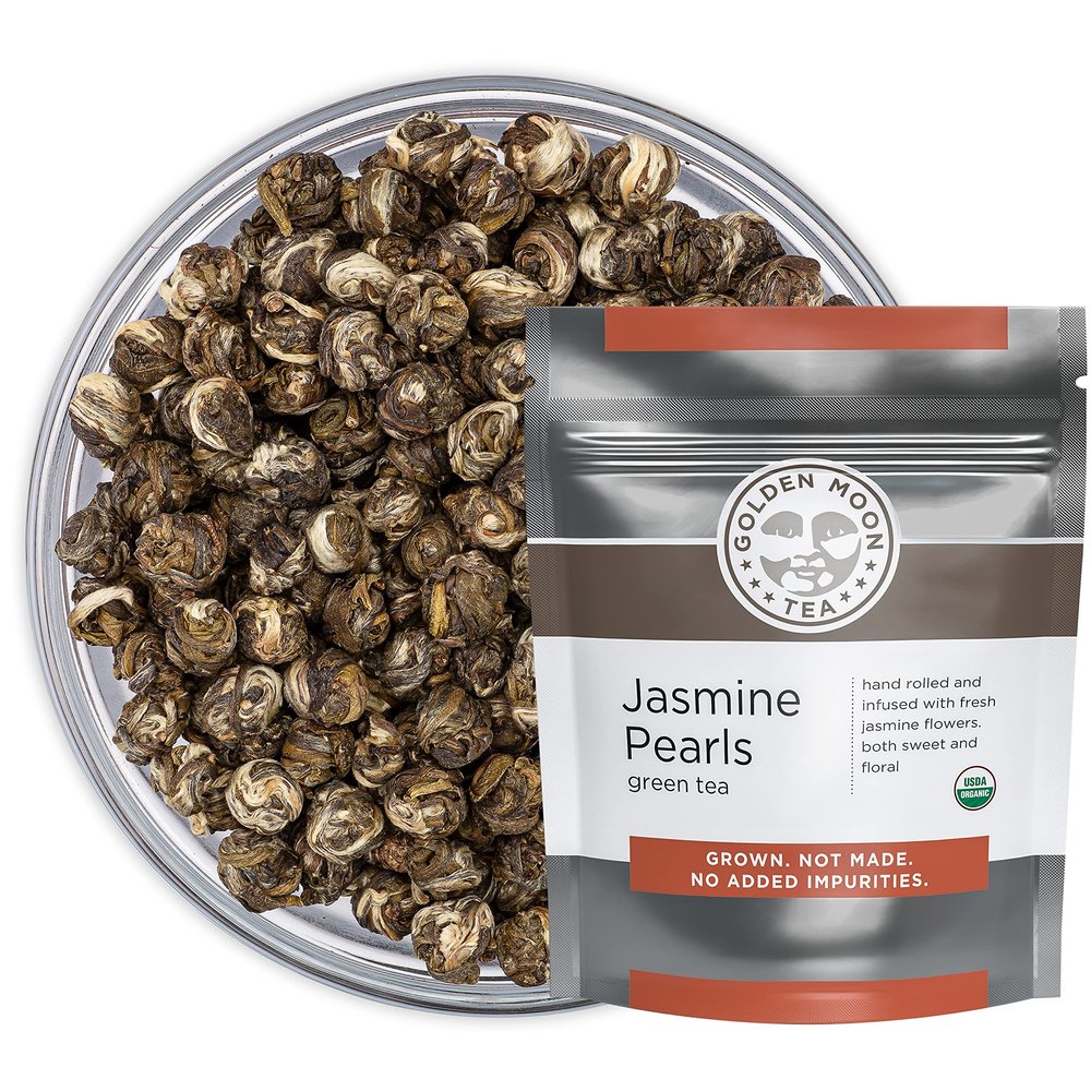 Golden Moon Tea Organic Jasmine Pearls Green Tea - Loose Leaf Dragon Pearls, Premium Grade, Non GMO - 1 Pound (192 Servings)