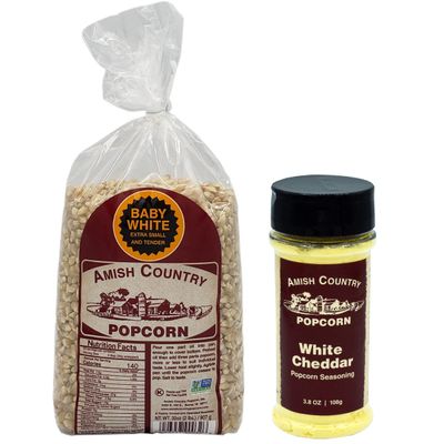 Amish Country Popcorn | Variety Bundles | 2 lbs Baby White Popcorn Kernels and White Cheddar Cheese Seasoning Bundle | Old Fashioned, Non-GMO and Gluten Free