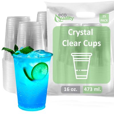 Clear Plastic Disposable Pet Cups | 16 oz Cups, 25 Pack | Crystal Clear PET Cup | Cold Smoothie | Iced Coffee Go Cups | Ideal for Coffee, Parfait, Juice, Soda, Cocktail, Party (16oz, 25 count)