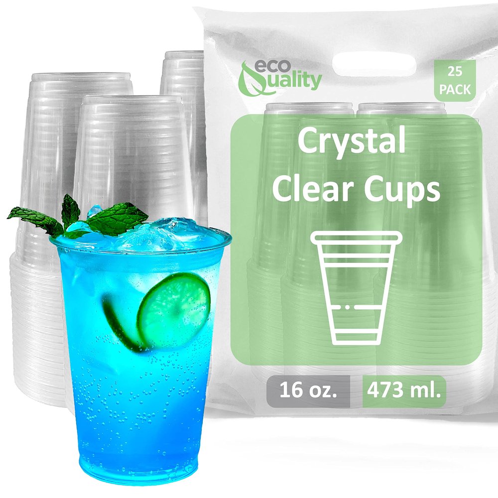 Clear Plastic Disposable Pet Cups | 16 oz Cups, 25 Pack | Crystal Clear PET Cup | Cold Smoothie | Iced Coffee Go Cups | Ideal for Coffee, Parfait, Juice, Soda, Cocktail, Party (16oz, 25 count)