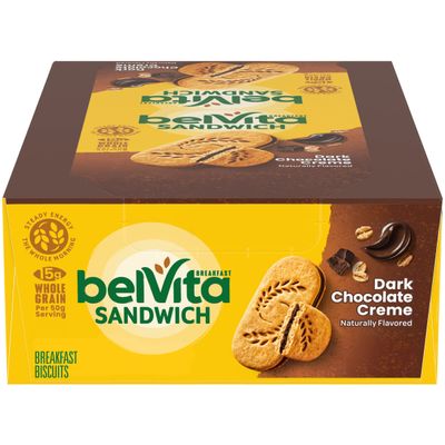 Belvita Breakfast Sandwich Dark Chocolate Creme Breakfast Biscuits, 8 Packs (2 Sandwiches Per Pack)