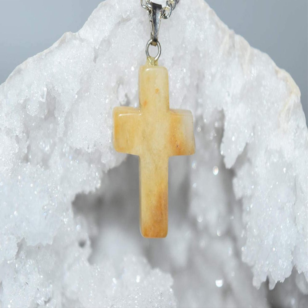 Nature's Enlightenment Cross Yellow Jade Crystal Pendant - Reiki, Healing, Meditation, Crystal Grid, Pagan, Wicca, Spells, Protection