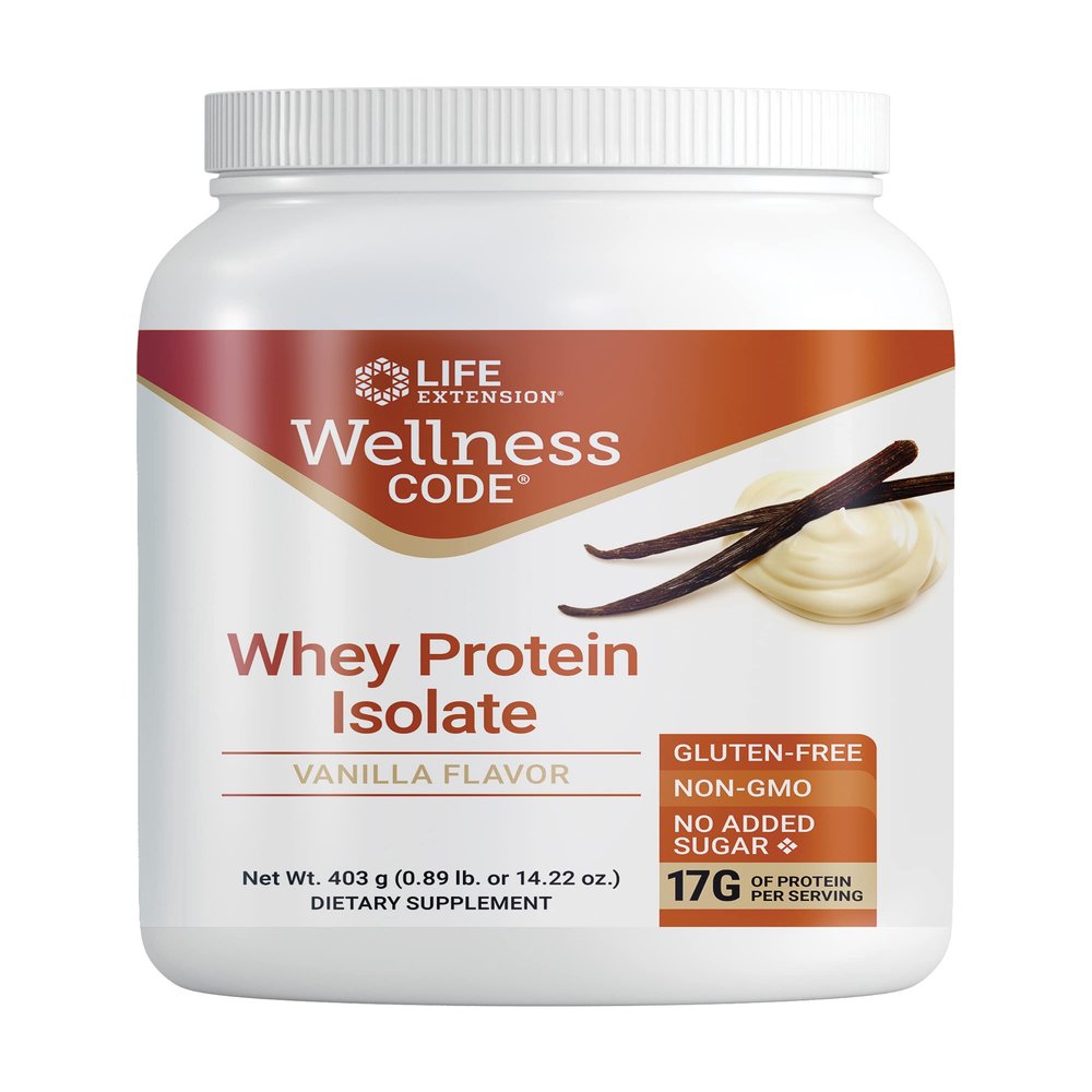 Life Extension Wellness Code Whey Protein Isolate (Vanilla), Protein and branched-Chain Amino acids for Muscle Growth & Immune Health, no Sugar Added, Gluten Free, Non-GMO, 403 Grams (20 Servings)