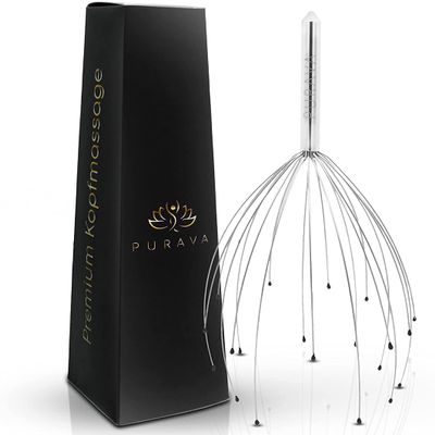 PURAVA (Original - Premium Head Massager with Metal Handle and Improved Design - Scalp Scratcher Massage with 20 Fingers for Relaxation and Scalp Stimulation - Head Massager Tool Ideal as a Gift