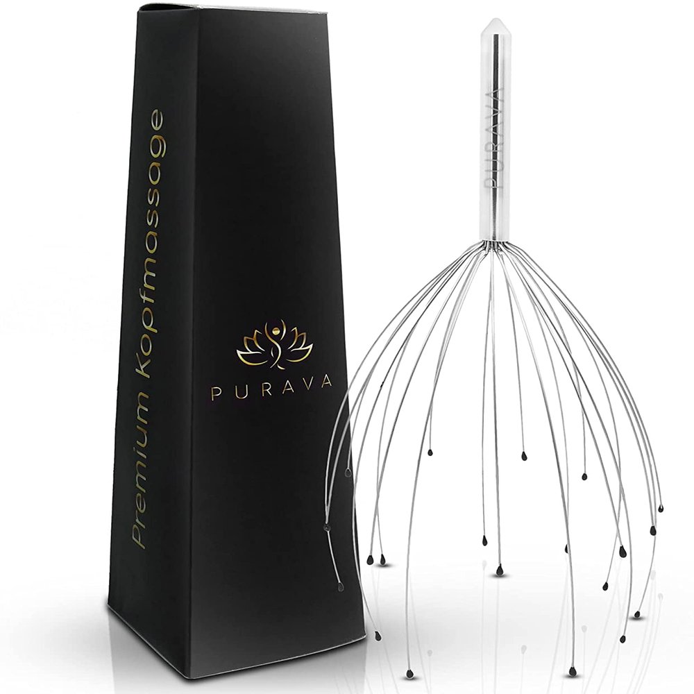 PURAVA (Original - Premium Head Massager with Metal Handle and Improved Design - Scalp Scratcher Massage with 20 Fingers for Relaxation and Scalp Stimulation - Head Massager Tool Ideal as a Gift