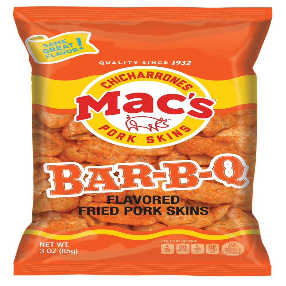 Mac's Pork Rinds, Fried Pork Skins, Chicharrones, BBQ - Barbecue (3 Ounce Bags (Pack of 12))