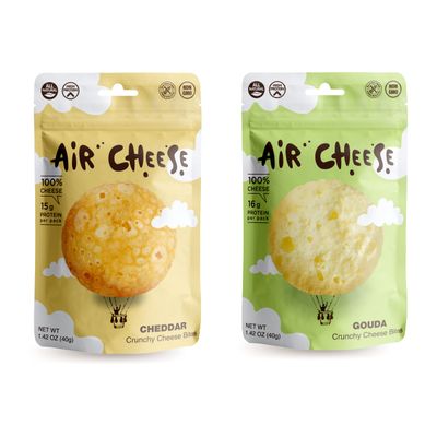 AIR CHEESE Low Carb Keto Friendly Protein Puffs | 16g Protein Per Serving | Crisp, Gluten Free Snack Pack | Real Cheese, No Artificial Flavors (Cheddar + Gouda, 8 x 1.42 Oz Packs)