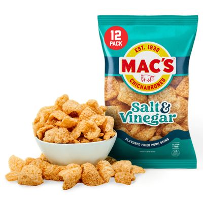 Mac's Salt & Vinegar Fried Pork Skins - Salt & Vinegar Flavored Chicharrones Pork Rinds - Low Carb, Gluten-Free, Keto-Friendly Snack- 3oz (12-Pack)