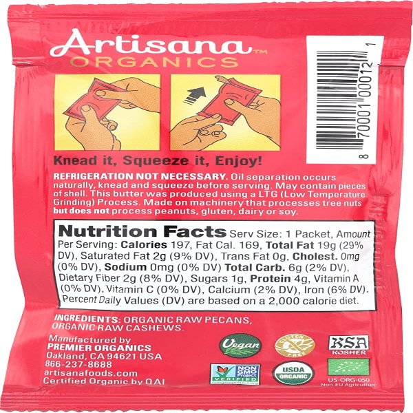 Artisana, Butter Pecan With Cashews Raw Squeeze Pack Organic, 1.06 Ounce