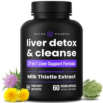 NutraChamps Liver Cleanse Detox & Repair Formula, 20+ Herbs: Milk Thistle Extract with Silymarin, Artichoke, Dandelion, Chicory Root Powder, Liver Support Pills Supplement, 60 Capsules