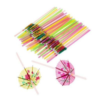 100PCS Disposable Bendable Drinking Straws Tropical Umbrella Parasol for Hawaiian Beach Cocktail Luau Party Decorations Supplies