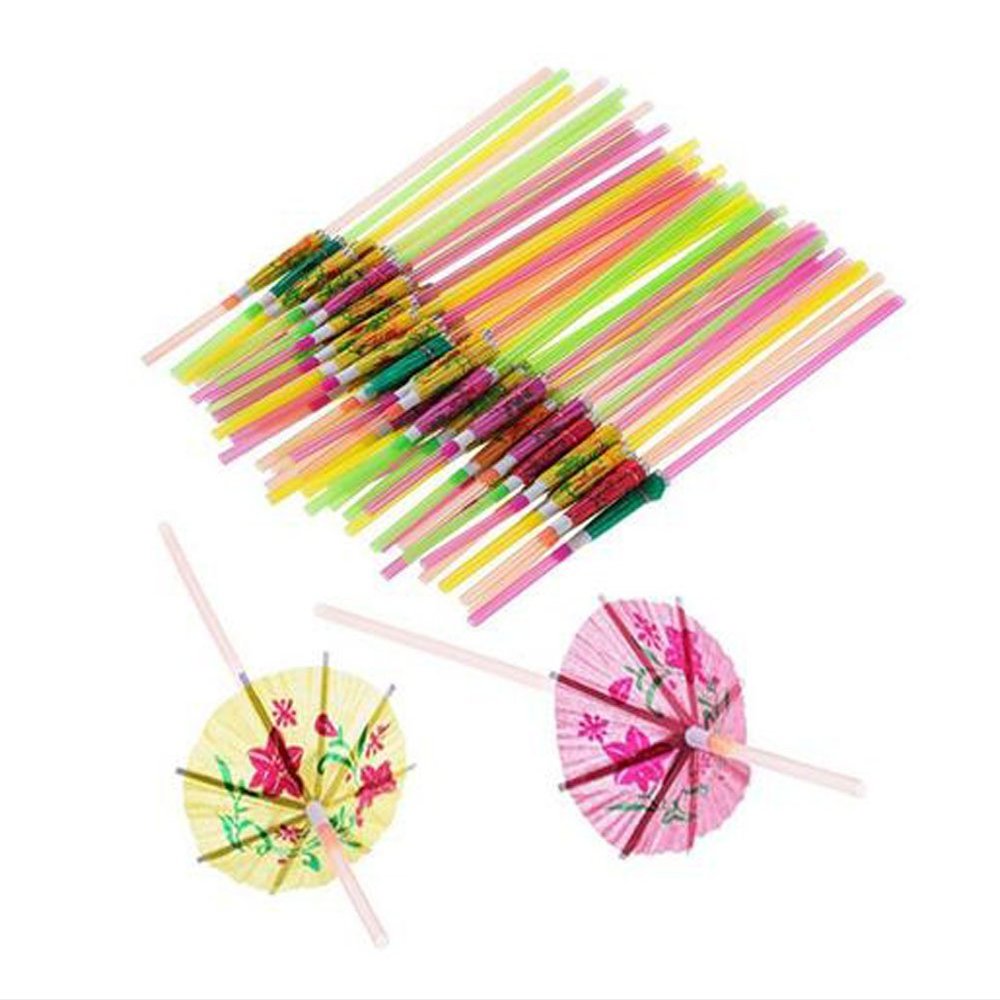 100PCS Disposable Bendable Drinking Straws Tropical Umbrella Parasol for Hawaiian Beach Cocktail Luau Party Decorations Supplies
