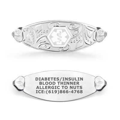 Divoti Custom Laser Engraved 316L Stainless Steel Medical ID Tag for Bracelet | Lovely Filigree Design, High-Contrast Engraving | Personalized Emergency Medical Info | Horizontally Connect - White