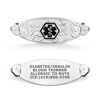 Divoti Custom Laser Engraved 316L Stainless Steel Medical ID Tag for Bracelet | Lovely Filigree Design, High-Contrast Engraving | Personalized Emergency Medical Info | Horizontally Connect - Black