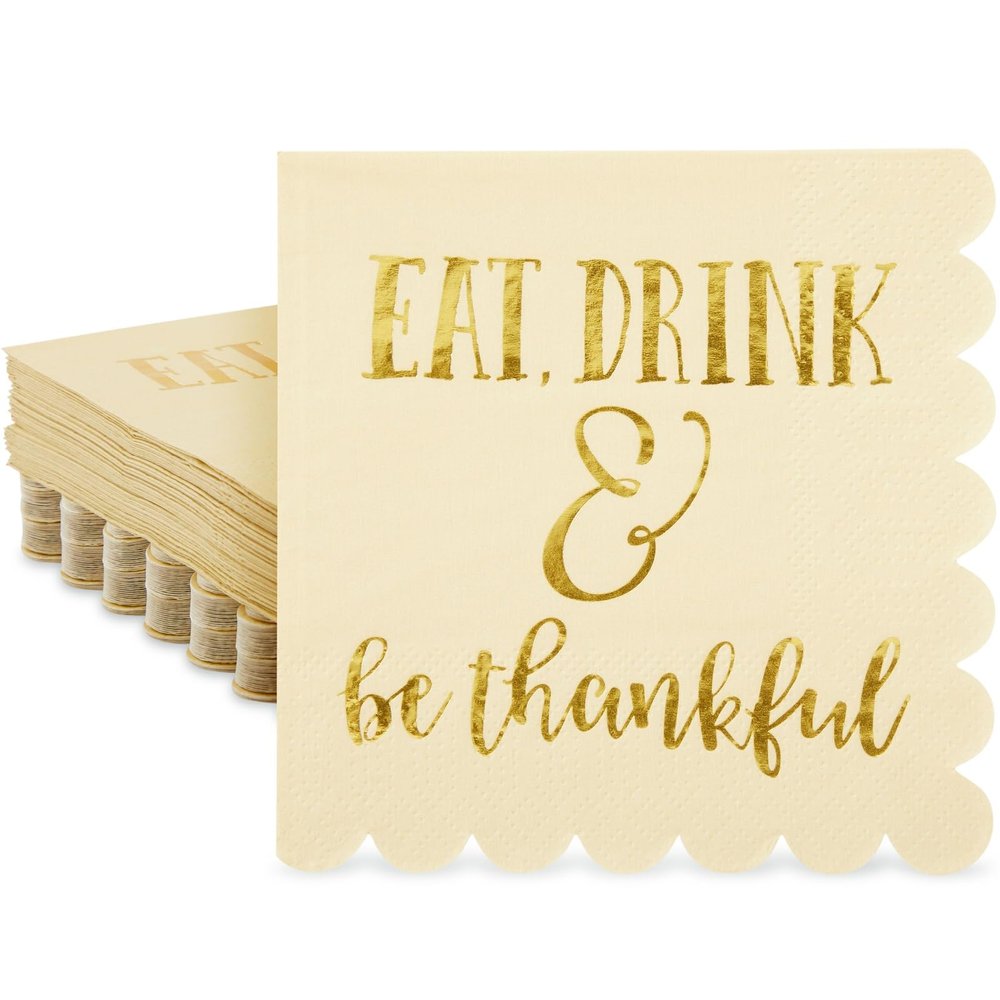 Blue Panda Cocktail Napkins Party Supplies Table Decorations, Eat Drink and Be Thankful (5 x 5 in), Pack of 50