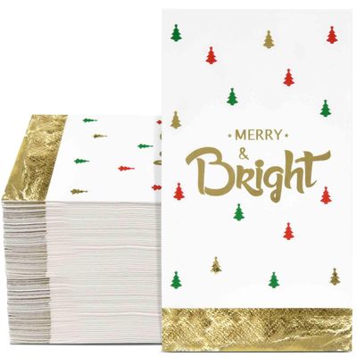 100 Pack Christmas Guest Napkins Merry & Bright  Holiday Party Paper Napkins with Gold Foil and Christmas Tree Design for Dinner, Cocktail, and Dessert Tables