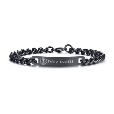 VNOX Medical Alert ID Type 2 DIABETES-7MM Black Stainless Steel Thin Link Emergency Bracelet for Men,8.8"