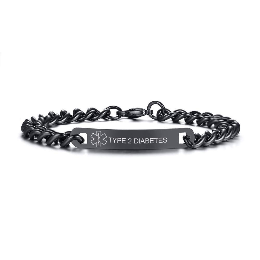 VNOX Medical Alert ID Type 2 DIABETES-7MM Black Stainless Steel Thin Link Emergency Bracelet for Men,8.8"