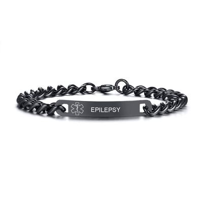 VNOX Medical Alert ID EPILEPSY-7MM Black Stainless Steel Thin Link Emergency Bracelet for Men,8.8"