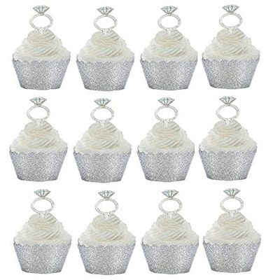 12pk Diamond Ring Wedding Bridal Shower Cupcake Toppers w Silver Glitter Wrappers
