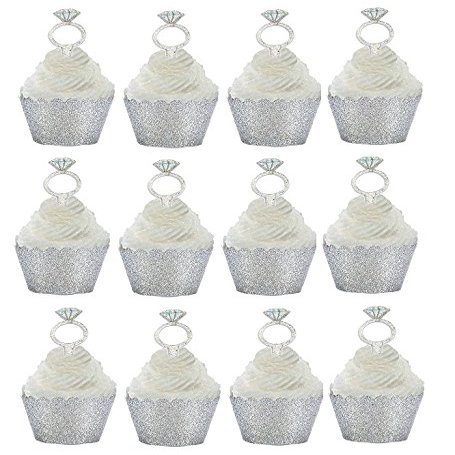12pk Diamond Ring Wedding Bridal Shower Cupcake Toppers w Silver Glitter Wrappers