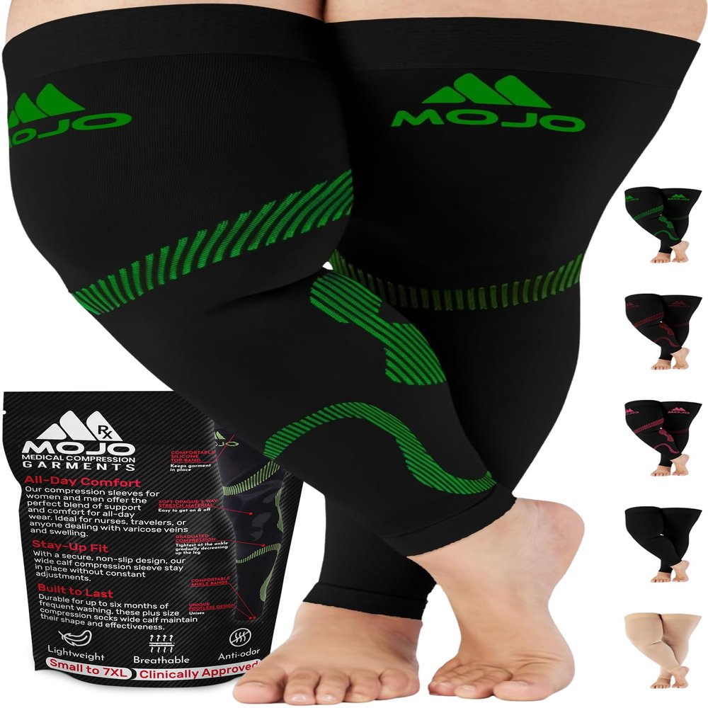 Mojo - Compression Socks Footless for Women and Men 20-30mmHg - Extra Wide Compression Full Leg Sleeve for Varicose Veins Circulation, Lymphedema, DVT - Black/Green, 3X-Large - A609