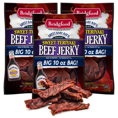 Bridgford Sweet Baby Rays Beef Jerky Sweet Teriyaki 10 oz Pack of 3 - High Protein Beef Jerky for Low Carb and High Protein Diets - Ready-to-Eat Snacks for On-the-Go Snacking and Busy Lifestyles
