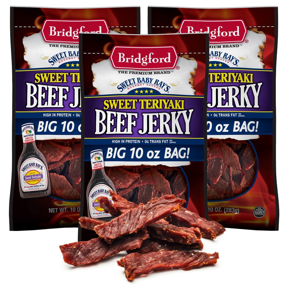 Bridgford Sweet Baby Rays Beef Jerky Sweet Teriyaki 10 oz Pack of 3 - High Protein Beef Jerky for Low Carb and High Protein Diets - Ready-to-Eat Snacks for On-the-Go Snacking and Busy Lifestyles
