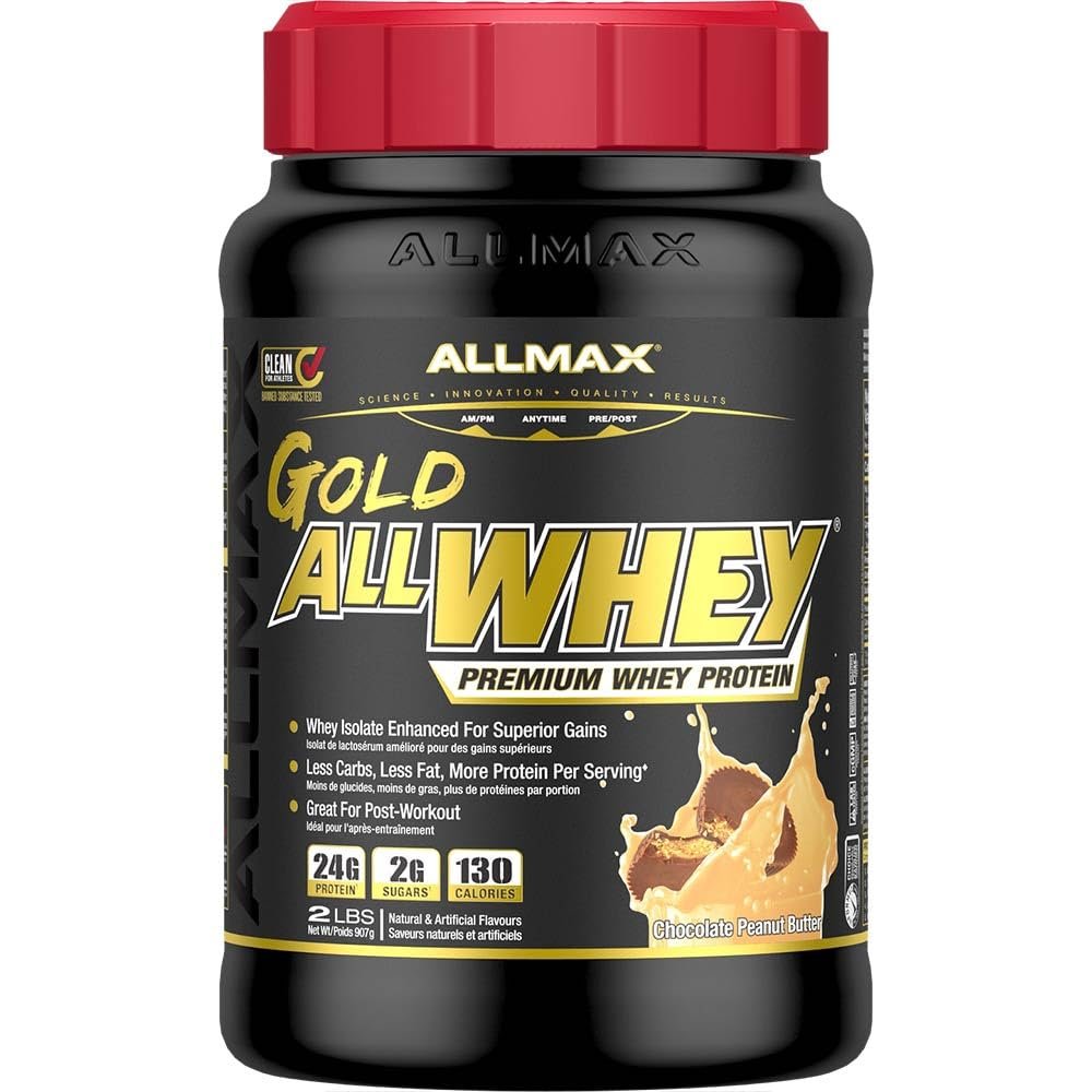 ALLMAX Gold ALLWHEY, Peanut Butter - 2 lb - 24 Grams of Protein Per Scoop - Gluten Free, Low Carb & Low Sugar - Approx. 30 Servings