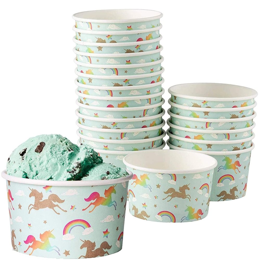 Juvale Paper Unicorn Ice Cream Cups & Snack Bowls - PE-Coated Disposable Bowls - Versatile for Ice Cream & Parfaits - 100 Pack, 8 Oz, Light Blue