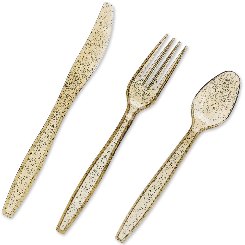 Juvale Gold Plastic Silverware - 96-Piece Set, Gold, Formal - Disposable Utensils & Plastic Forks & Spoons for Weddings & Parties
