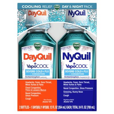 Vicks DayQuil and NyQuil VapoCOOL SEVERE Combo Cold & Flu + Congestion Medicine, Max Strength Relief For Fever, Sore Throat, Nasal Congestion, Sneezing, Cough, 2 x 12 oz Bottles, 1 NyQuil, 1 DayQuil