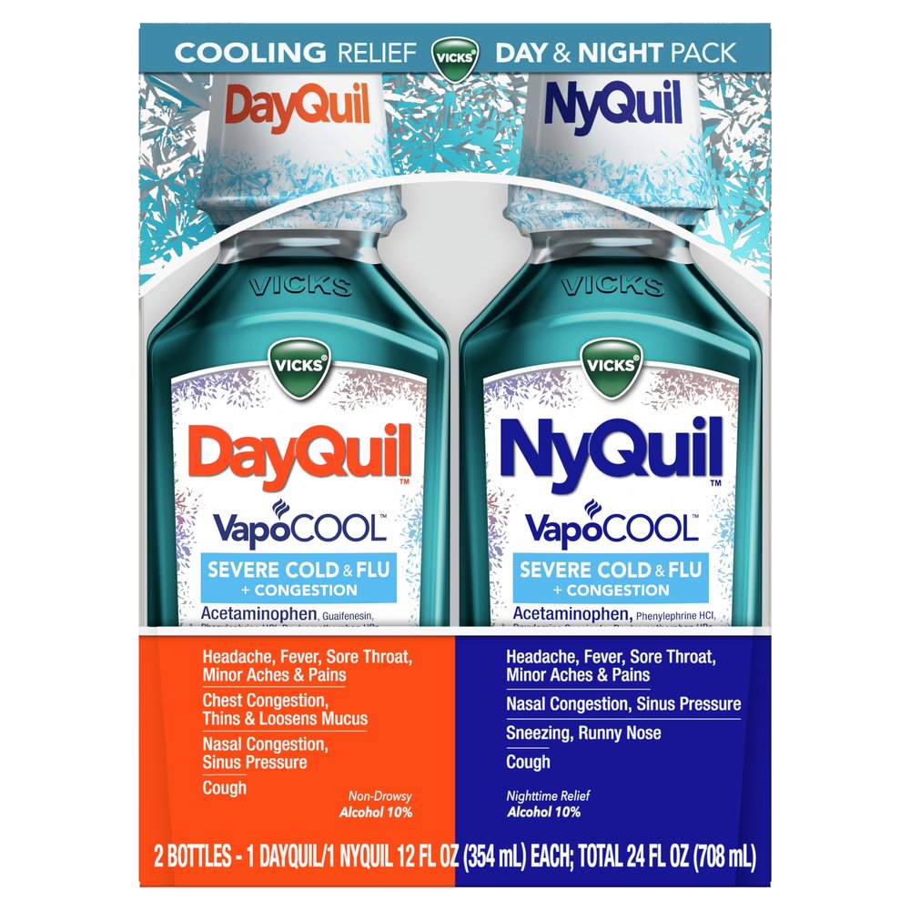 Vicks DayQuil and NyQuil VapoCOOL SEVERE Combo Cold & Flu + Congestion Medicine, Max Strength Relief For Fever, Sore Throat, Nasal Congestion, Sneezing, Cough, 2 x 12 oz Bottles, 1 NyQuil, 1 DayQuil