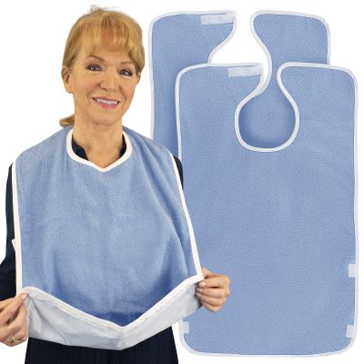 Vive Adult Bibs (2-pack) - Waterproof Apron Set for Men, Women for Eating with Adjustable Strap - Washable Reusable Large Terry Cloth