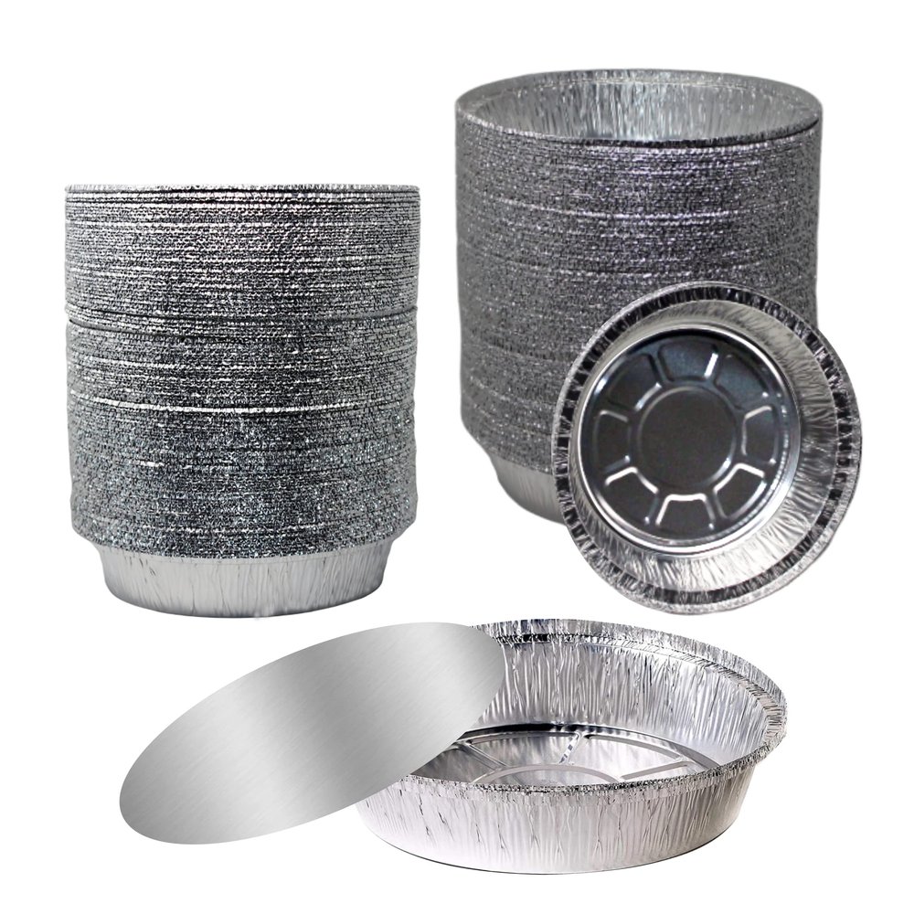 EcoQuality (200 Pack) - 9 Inch Disposable Round Aluminum Foil Take-Out Pans with Board Lids Set - Disposable Tin Containers, Perfect for Baking, Cooking, Catering, Parties, Restaurants